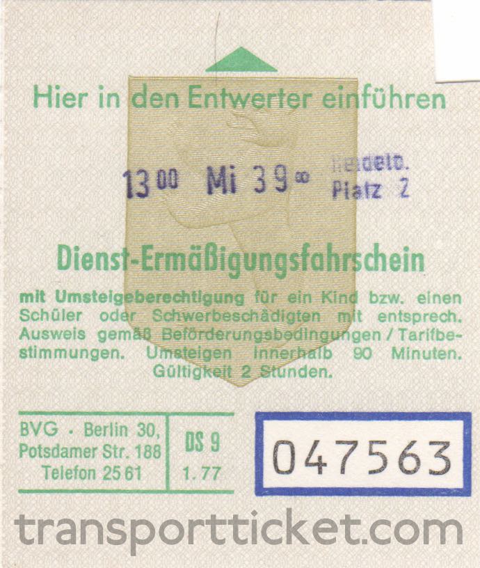 BVG service ticket for a child, student or disabled person (1977)