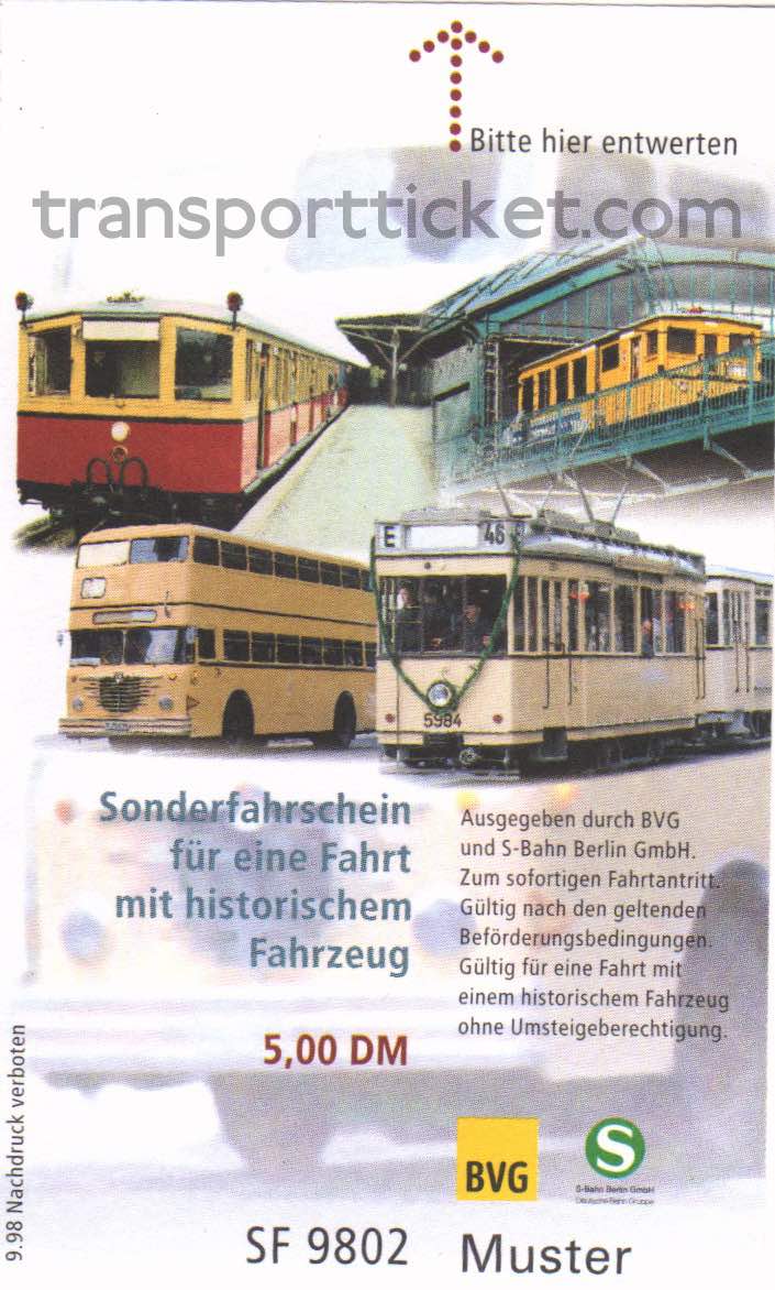BVG special ticket for a ride on a vintage bus, tram or subway (1998)