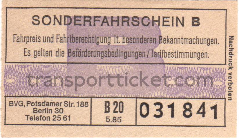 BVG return ticket bus line E to Wannsee (1985)
