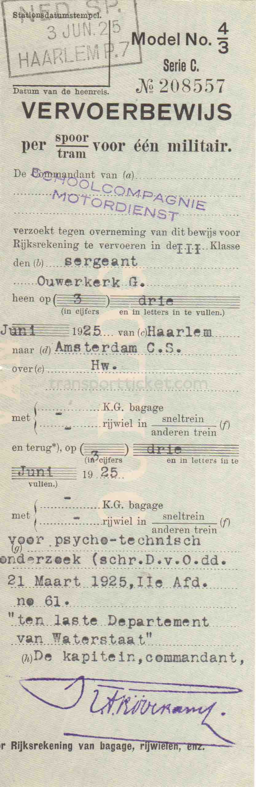 transport ticket issued by Dutch Ministry of War (1925)