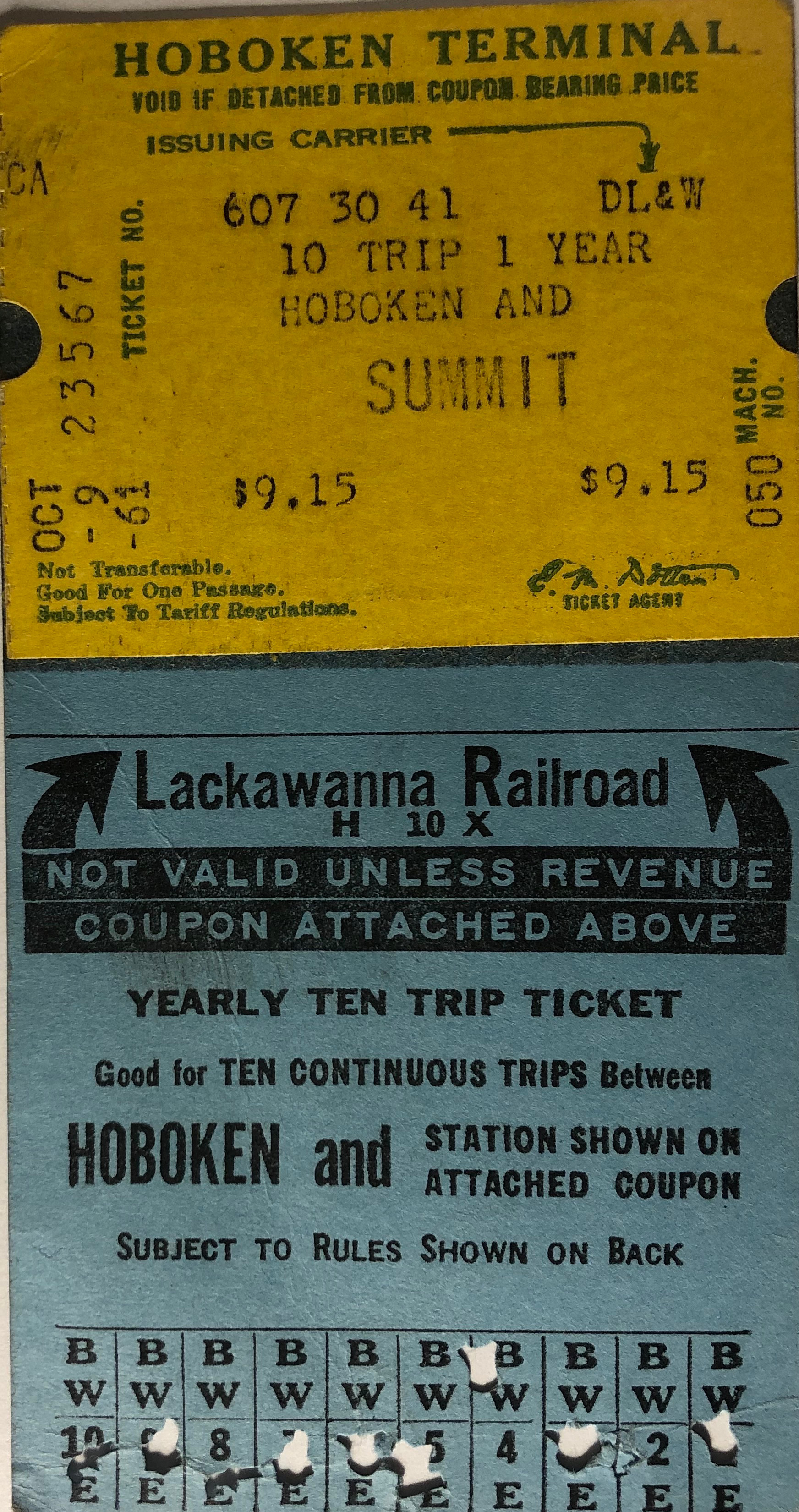 Lackawanna Railroad 10 trip ticket between Hoboken and Summit (1961)