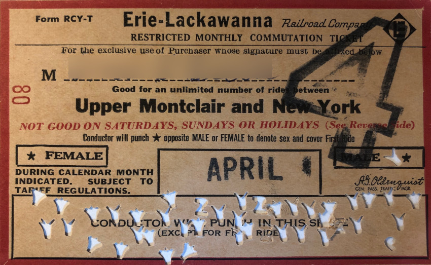 Erie Lackawanna Railroad monthlly ticket between Upper Montclair and New York (1963)