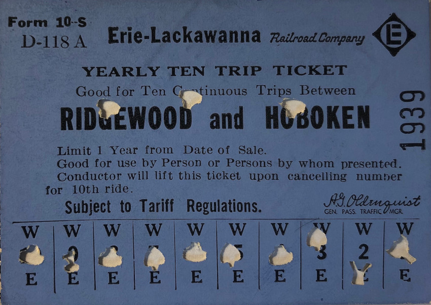 Erie Lackawanna Railroad 10 trip ticket between Ridgewood and Hoboken (1963)