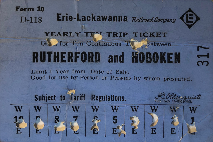 Erie Lackawanna Railroad 10 trip ticket  between Rutherford and Hoboken (1962)