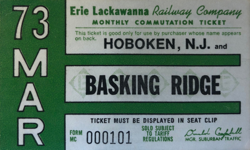 Erie Lackawanna Railway monthly ticket between Hoboken and Basking Ridge (1973)