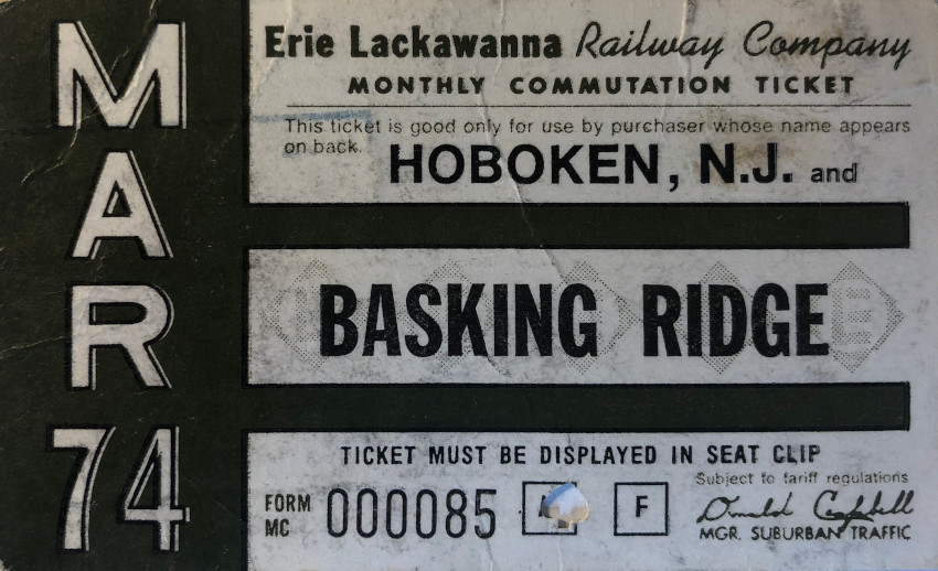 Erie Lackawanna Railway monthly ticket between Hoboken and Basking Ridge (1974)