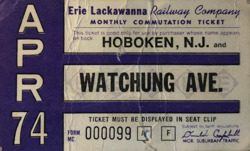 Erie Lackawanna Railway monthly ticket between Hoboken and Watchung Ave. (1974)