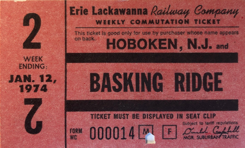 Erie Lackawanna Railway weekly ticket between Hoboken and Basking Ridge (1974)