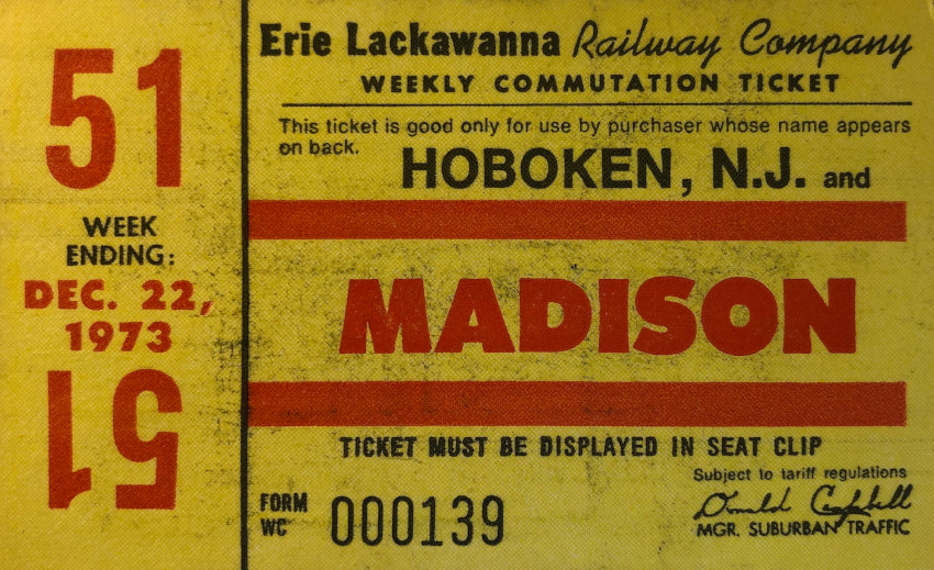 Erie Lackawanna Railway weekly ticket between Hoboken and Madison (1973)