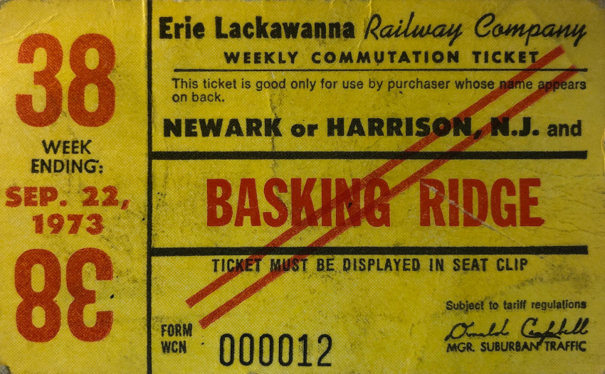 Erie Lackawanna Railway weekly ticket between Newark or Harrison and Basking Ridge (1973)