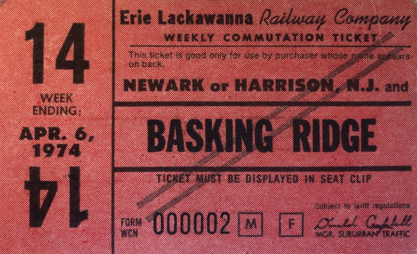 Erie Lackawanna Railway weekly ticket between Newark or Harrison and Basking Ridge (1974)