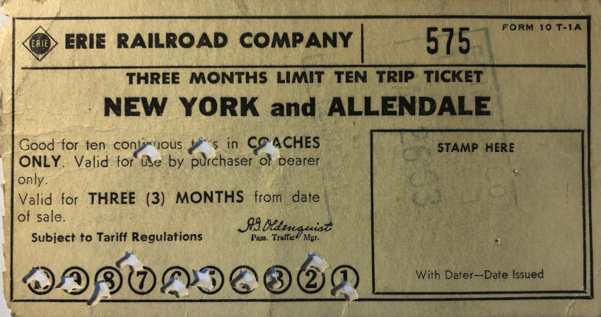 Erie Railroad 10 trip ticket between New York and Allendale (1963)