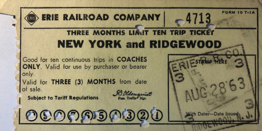 Erie Railroad 10 trip ticket between New York and Ridgewood (1963)