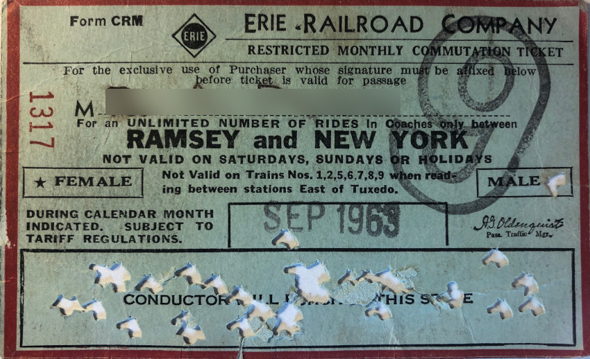 Erie Railroad monthly ticket between Ramsey and New York (1963)