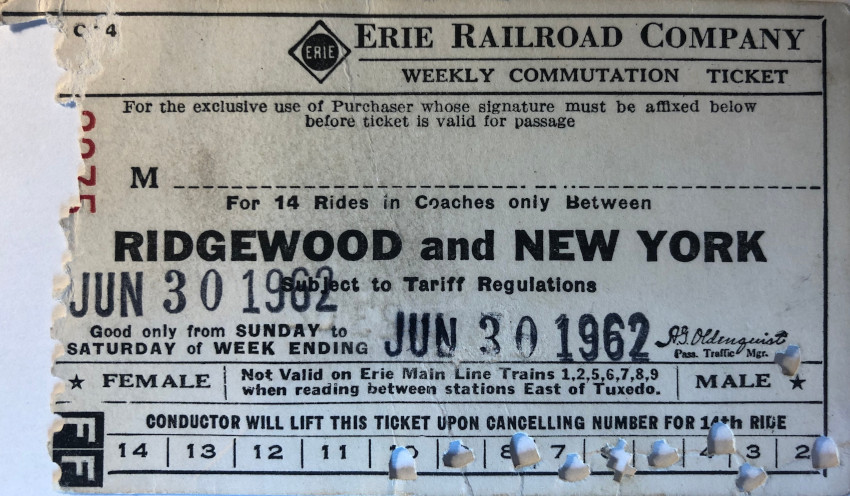 Erie Railroad weekly ticket between Ridgewood and New York (1962)